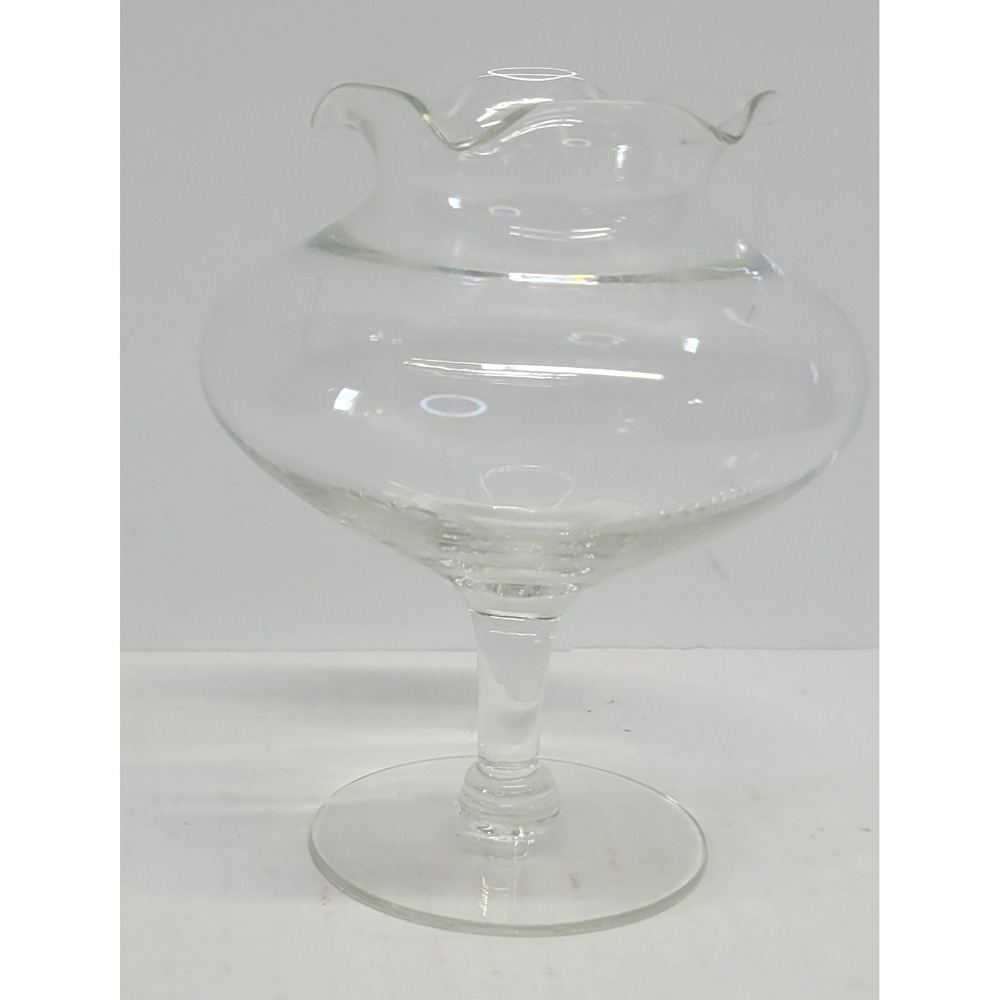Clear Glass Pedestal Vase Ruffled Rim Footed Round Bulbous Home Decor 5.5 inch